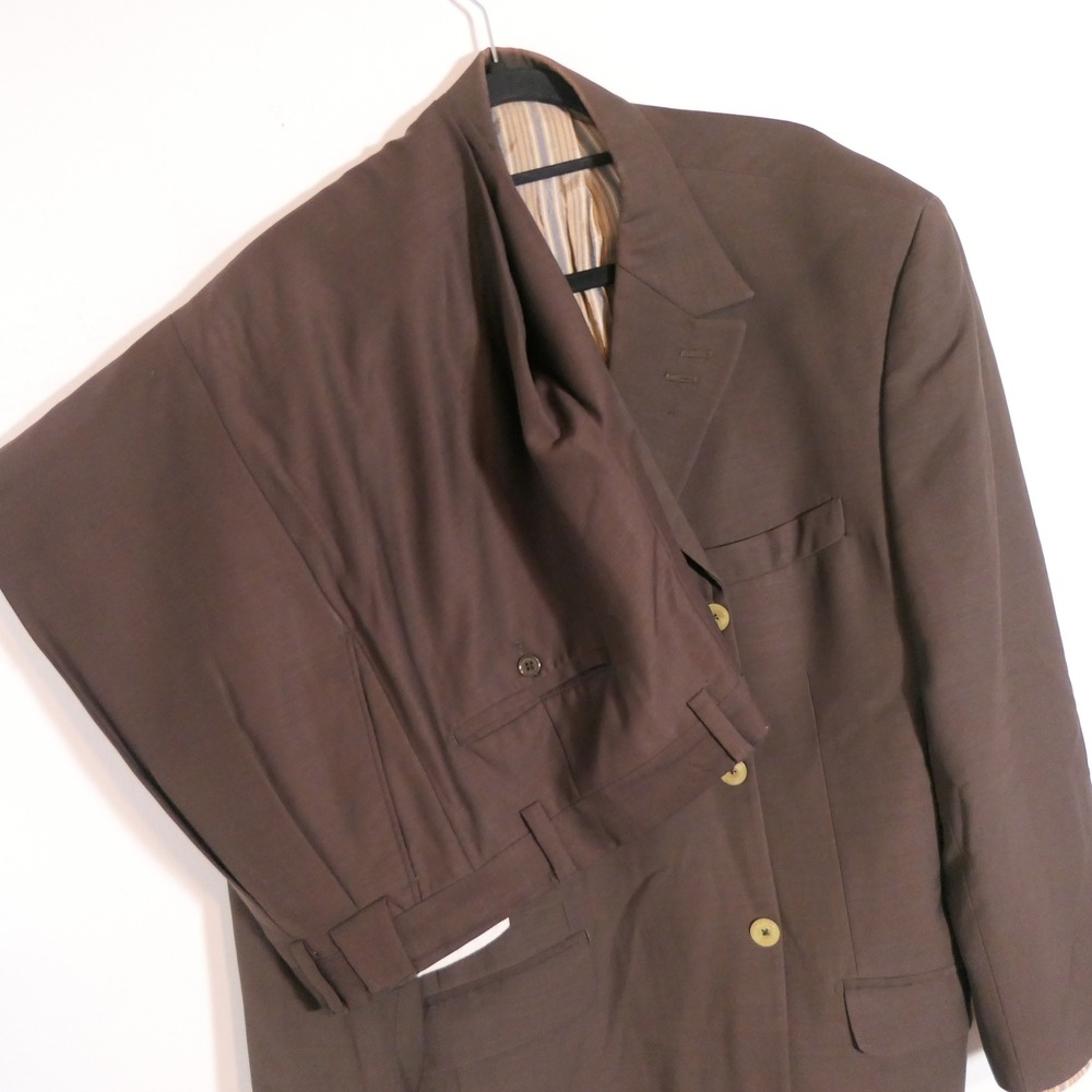 Tiglio Men Suit 48 Brown Super 150s Wool 3-Piece Italian Merino Eclectic Grandpa